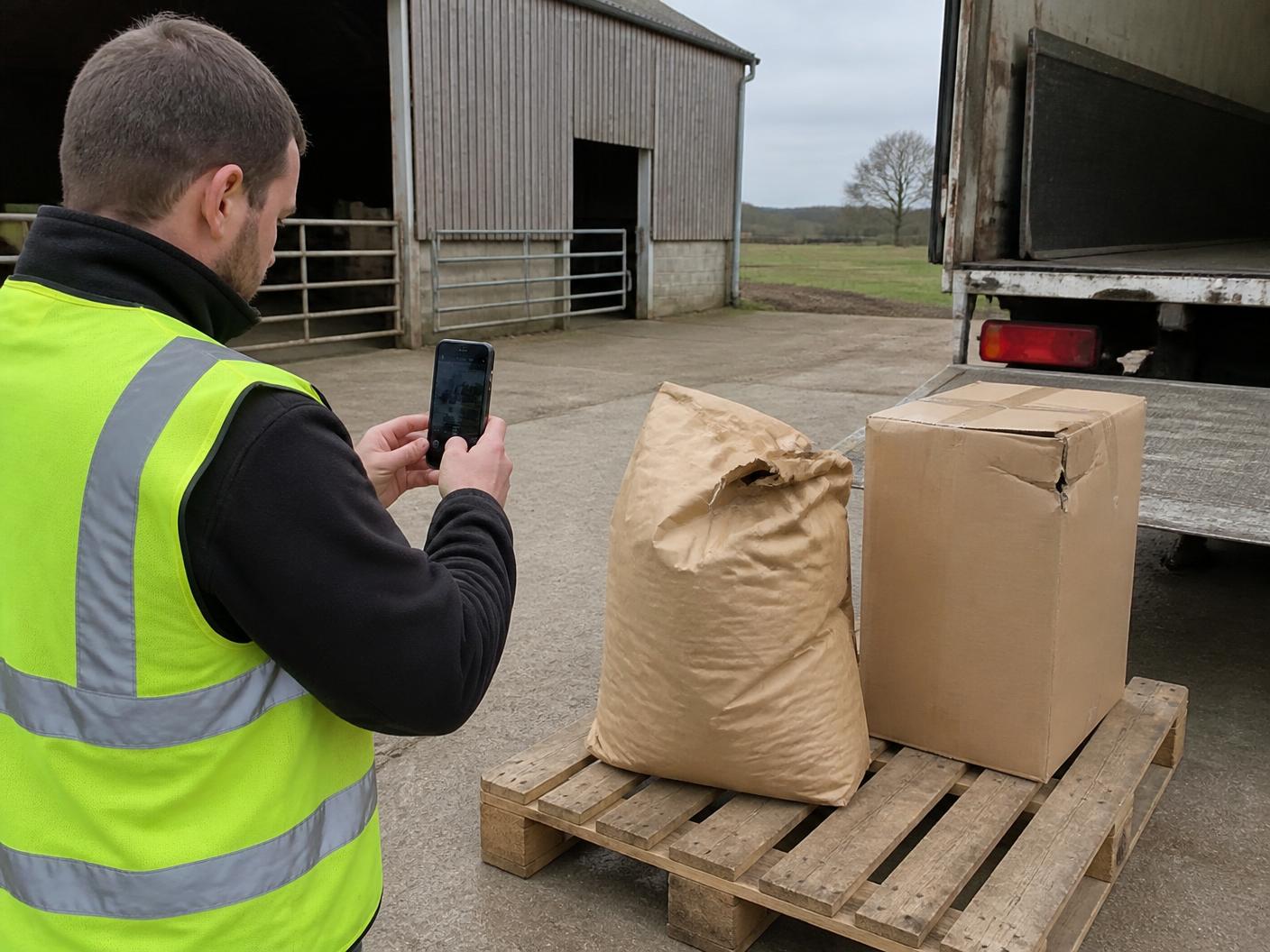 A delivery driver calmly photographing a torn paper sack and a dented carton on a pallet beside a truck tailgate.