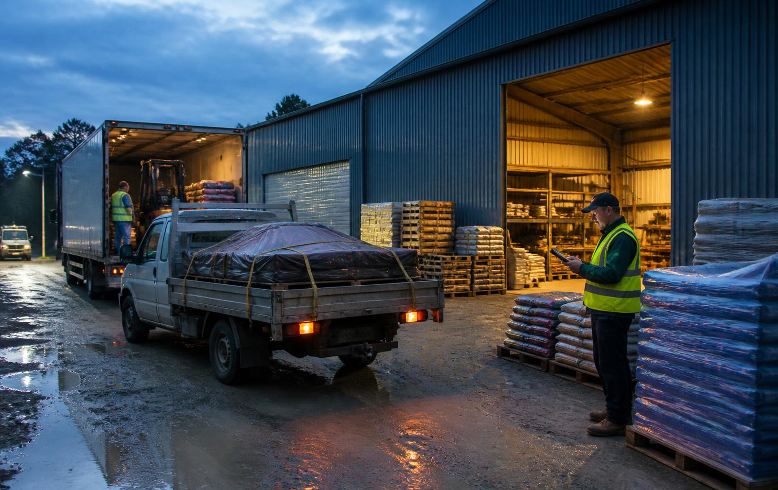 A rural supply yard at dawn with a truck being loaded and a dispatcher in a high-visibility vest checking a tablet beside stacked pallets.