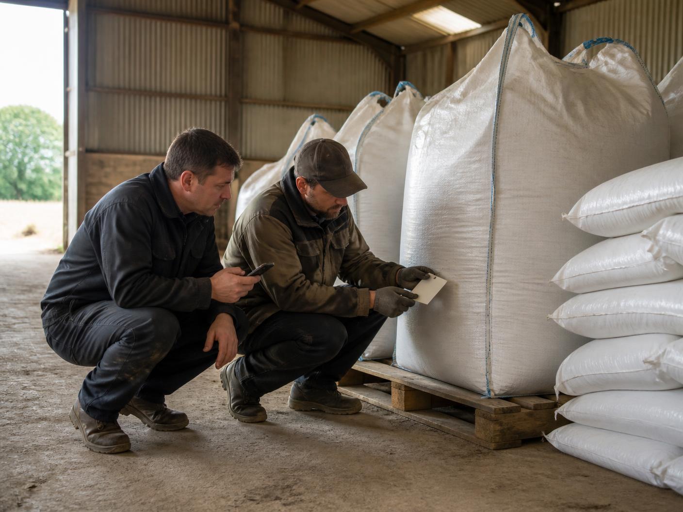 A delivery worker and a farm receiver crouching beside bulk bags in a farm shed, checking a label tag while holding a phone to confirm quantities.